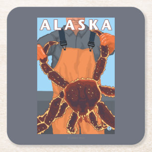 King Crab and Fisherman Vintage Travel Poster Square Paper Coaster