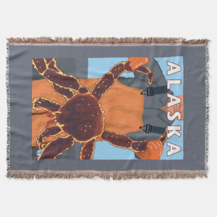 King Crab and Fisherman Vintage Travel Poster Throw Blanket