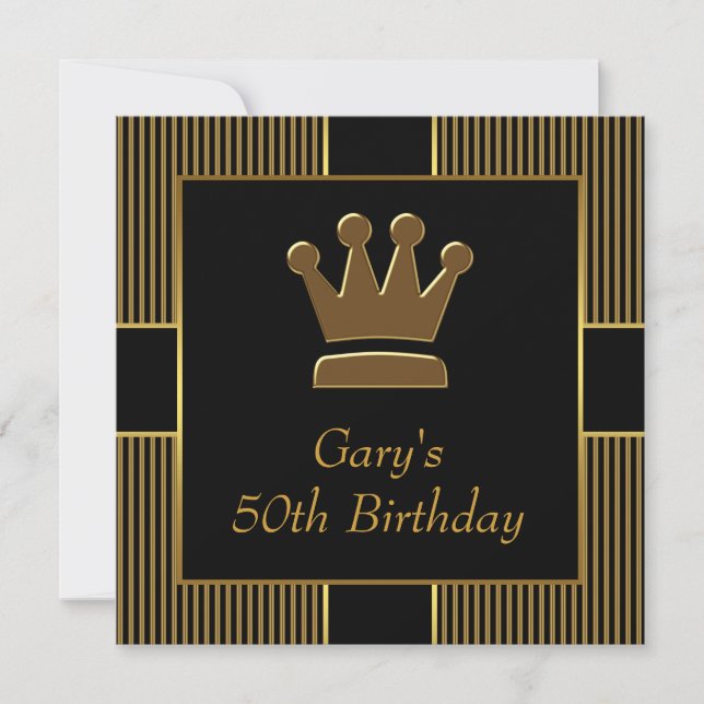King Crown Mans Black Gold Birthday Party Invitation (Front)