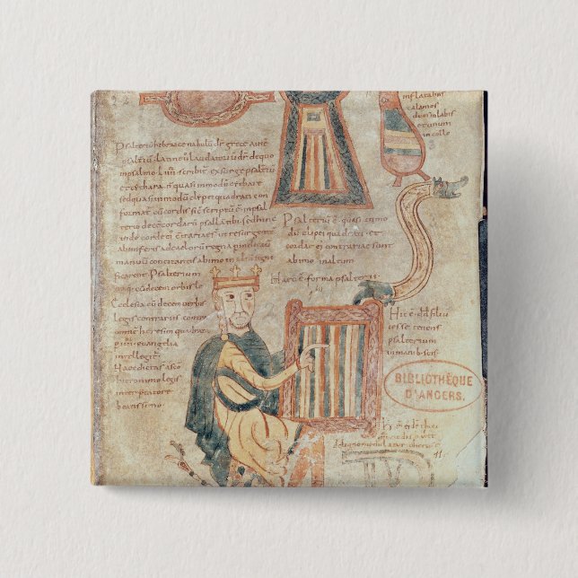 King David playing a psaltery from a psalter 15 Cm Square Badge (Front)