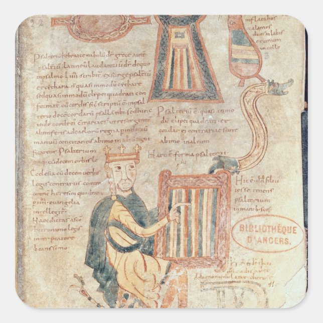 King David playing a psaltery from a psalter Square Sticker (Front)