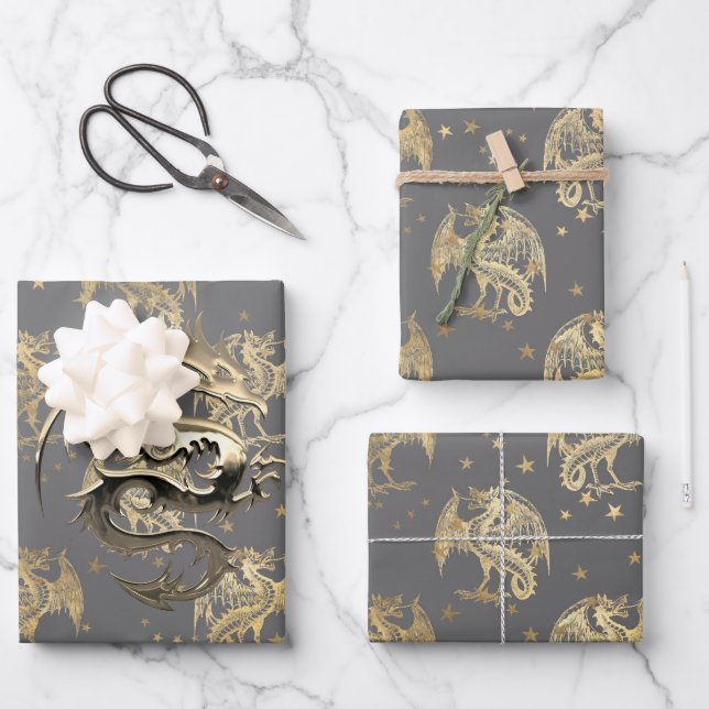 King Dragon and Gold Stars Wrapping Paper Sheets (Front)