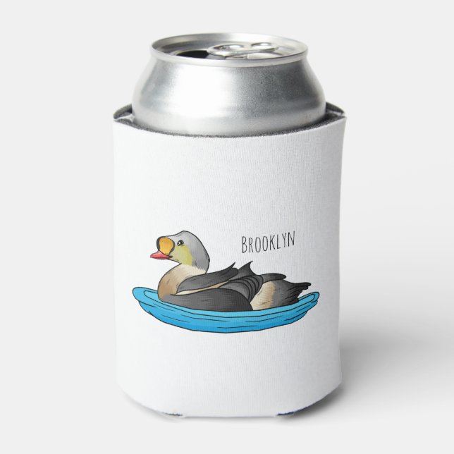 King eider bird cartoon illustration can cooler (Can Front)