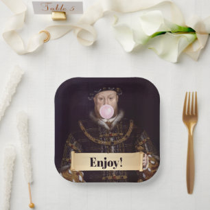 King Henry VIII Blowing Pink Bubble Gum Paper Plate