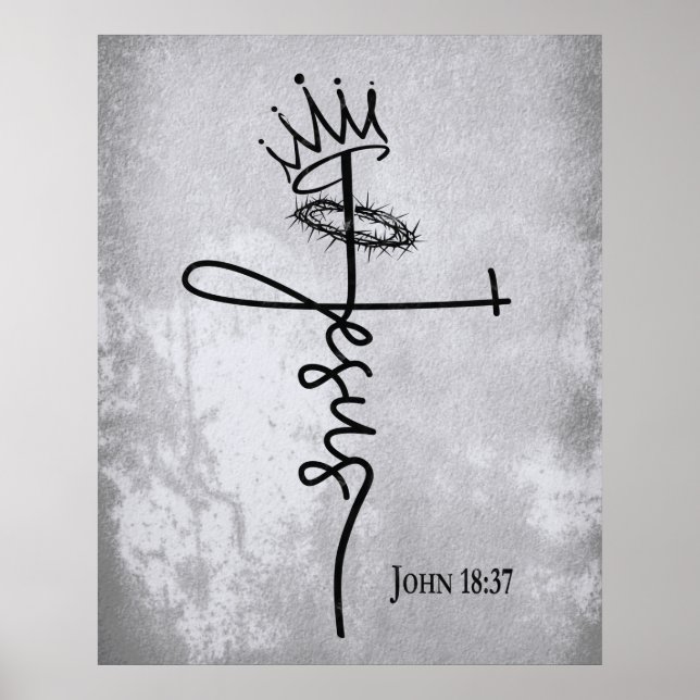 KING JESUS Christian Cross Grunge Hand Letter Grey Poster (Front)