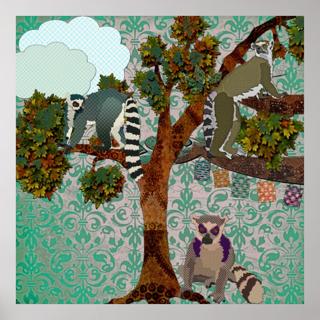 King Jullian & Lemurs Out On A Limb Green Damask P Poster (Front)