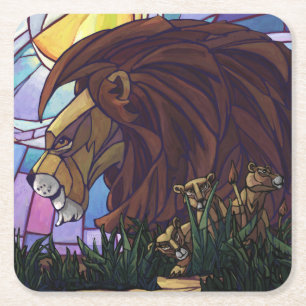 King Lion and Cubs Square Paper Coaster