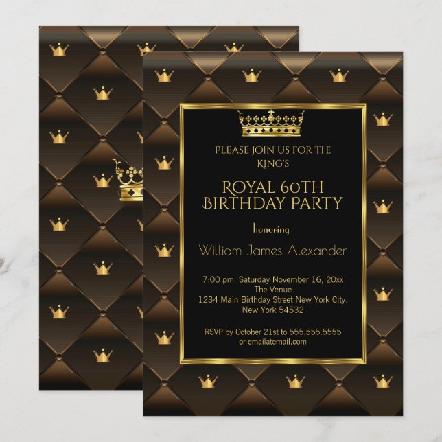 King Mans 60th Birthday Party Crown Gold Brown Invitation (Front/Back)