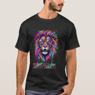 King Mode Lion Shirt, Colourful Neon Lion Graphic  T-Shirt