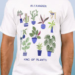 King of Plants Personalised T-Shirt<br><div class="desc">Perfect for anyone with a green thumb or fingers, this personalised King of Plants design features a fun houseplant pattern, with colourful cacti, succulents, and other plants in navy and cobalt blue plant pots. Ideal for any gardener or plant person. Change the name and text to customise. Original art by...</div>