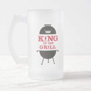 King Of The Grill, Black White Crown Red Frosted Glass Beer Mug