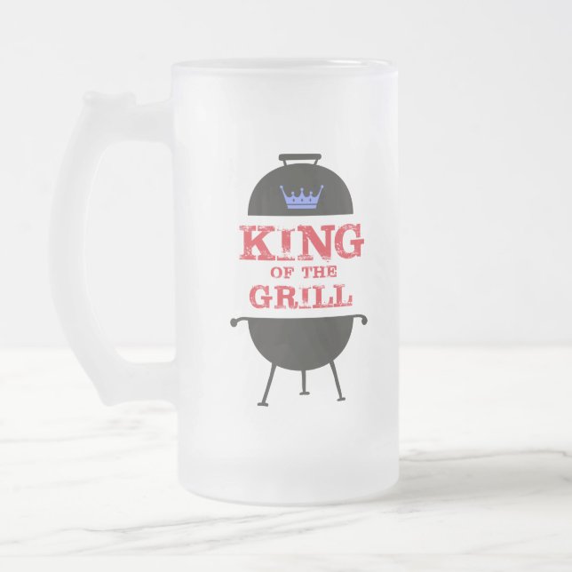 King Of The Grill, Blue Crown Red Frosted Glass Beer Mug (Left)