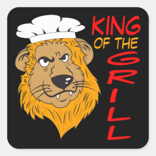 King of the Grill, Lion Chef, Funny Black Square Sticker