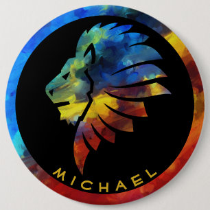 King of the jungle lion watercolor name monogram 6 cm round badge