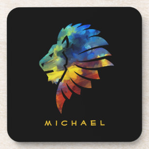 King of the jungle lion watercolor name monogram coaster