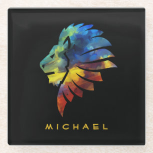 King of the jungle lion watercolor name monogram glass coaster