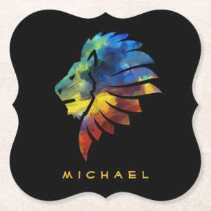 King of the jungle lion watercolor name monogram paper coaster