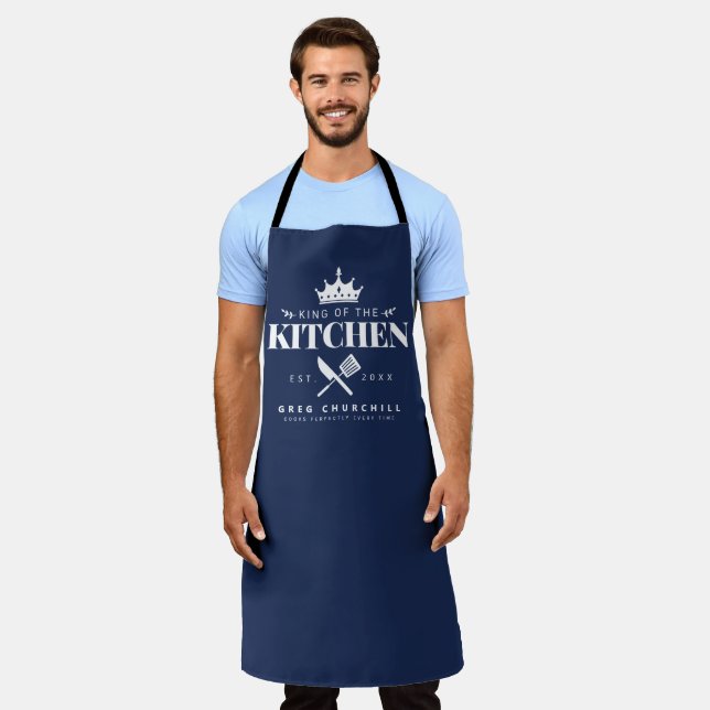 King of The Kitchen Foodie Men Personalised Blue Apron (Worn)