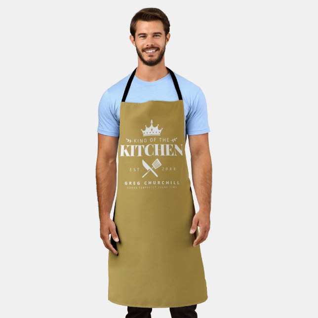 King of The Kitchen Foodie Men Personalised Gold Apron (Worn)