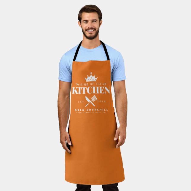 King of The Kitchen Foodie Men Personalised Orange Apron (Worn)