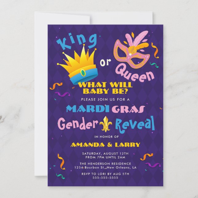 King or Queen Mardi Gras Gender Reveal Invitation (Front)