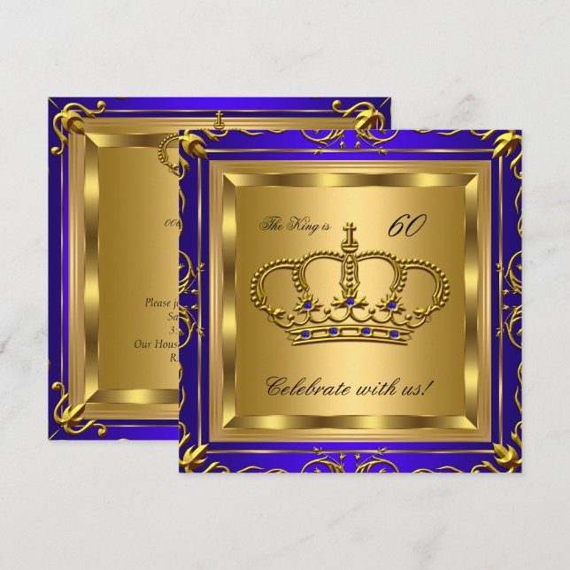 King or Queen Royal Blue Gold Birthday Party 2 Invitation (Front/Back)