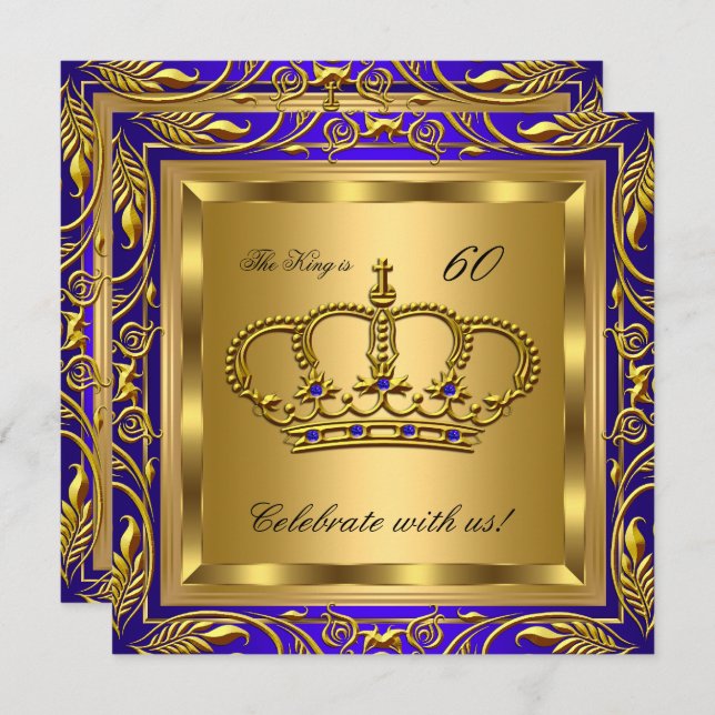 King or Queen Royal Blue Gold Birthday Party Invitation (Front/Back)