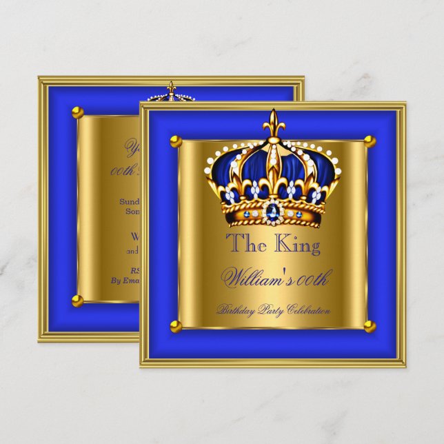 King or Queen Royal Blue Gold Crown Birthday Party Invitation (Front/Back)