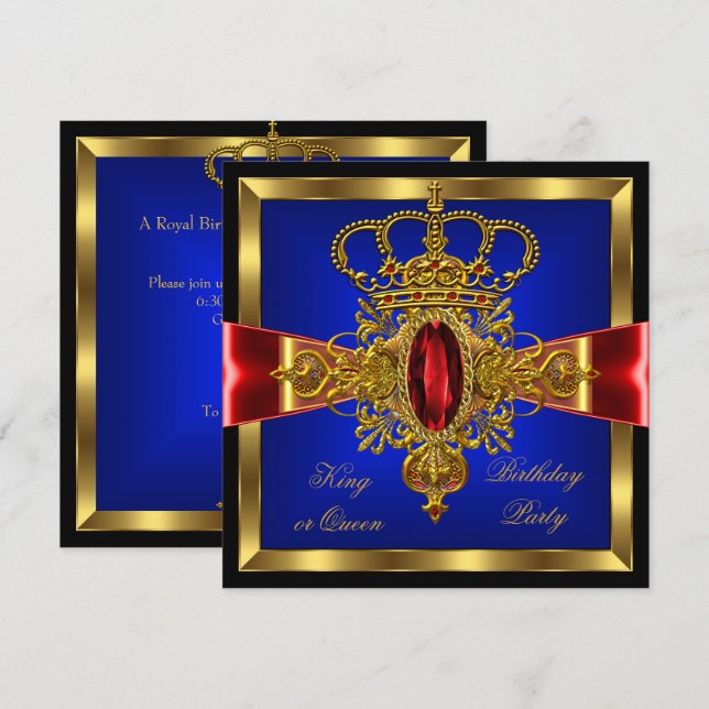King or Queen Royal Blue Red Birthday Party Invitation (Front/Back)