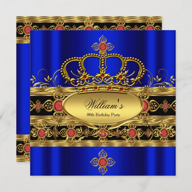 King Prince Royal Blue Gold Red Crown Birthday 2 Invitation (Front/Back)
