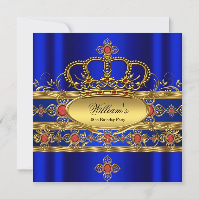 King Prince Royal Blue Gold Red Crown Birthday 3 Invitation (Front)