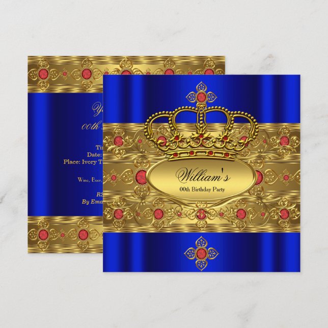 King Prince Royal Blue Gold Red Crown Birthday Invitation (Front/Back)