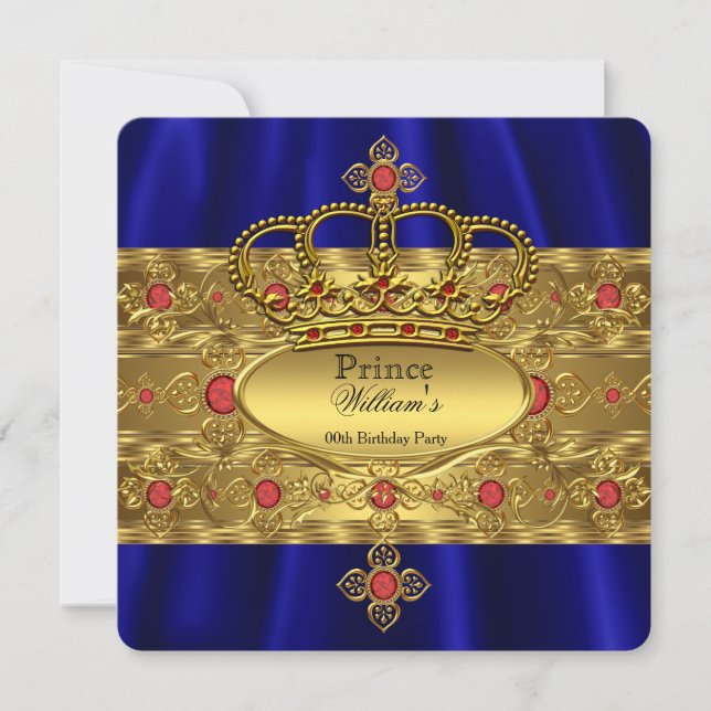 King Prince Royal Blue Regal Red Crown Birthday Invitation (Front)