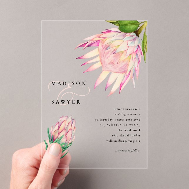 King Protea Pink Watercolor Floral Wedding Acrylic Invitations (Insitu (Handheld))