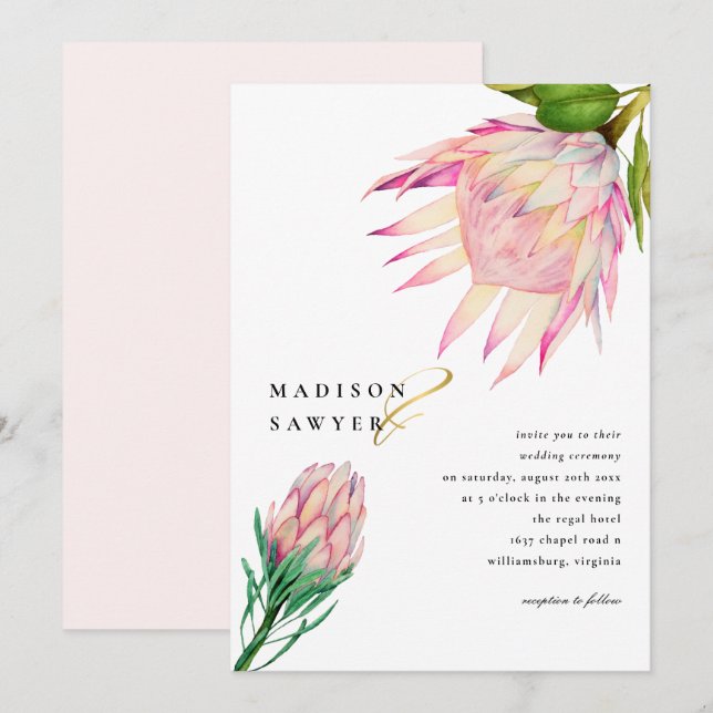King Protea Pink Watercolor Flower Wedding Invitation (Front/Back)