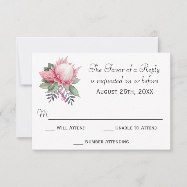 King Protea Watercolor Botanical Wedding RSVP (Front)