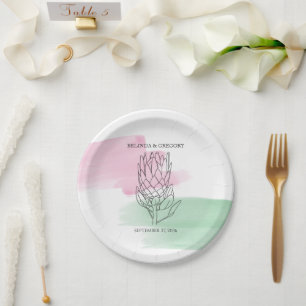 King Protea Watercolor Wedding  Paper Plate