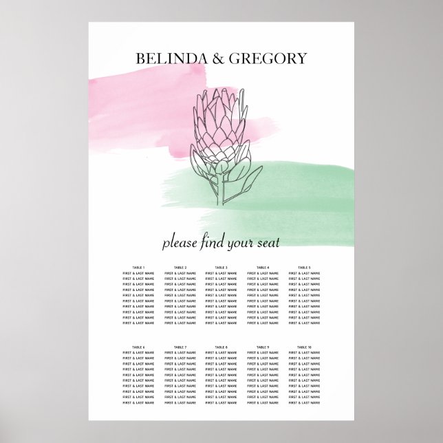 King Protea Watercolor Wedding Seating Chart (Front)