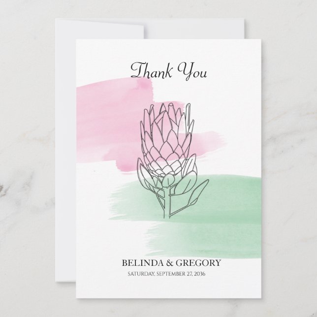 King Protea Watercolor Wedding Thank You Card (Back)