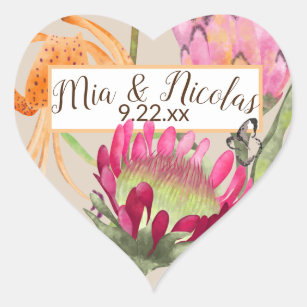King Proteas, Tiger Lilies Couple's Names Wedding Heart Sticker