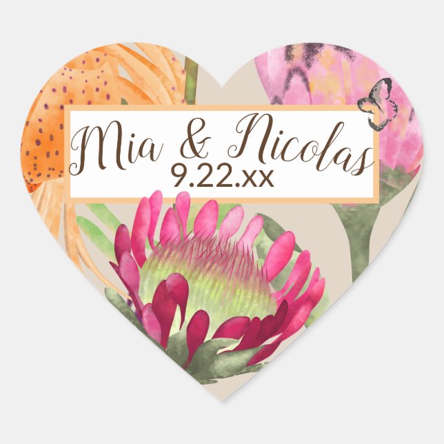 King Proteas, Tiger Lilies Couple's Names Wedding Heart Sticker (Front)