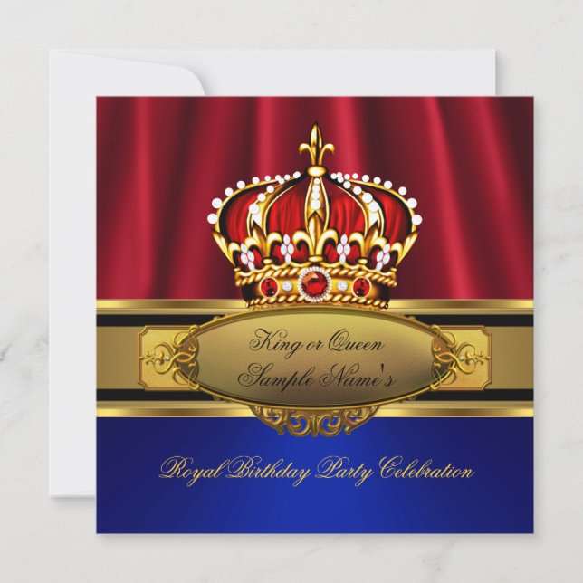 King Queen Red Crown Royal Blue Gold Birthday Invitation (Front)