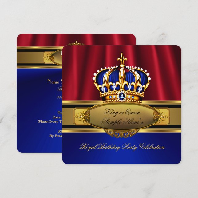 King Queen Red Royal Blue Gold Birthday Party Invitation (Front/Back)