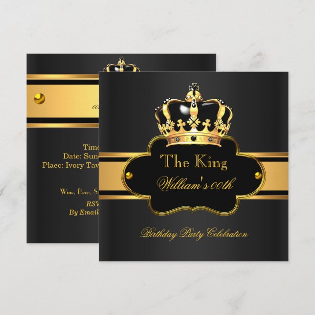 King Queen Royal Black Gold Birthday Men or Women Invitation (Front/Back)