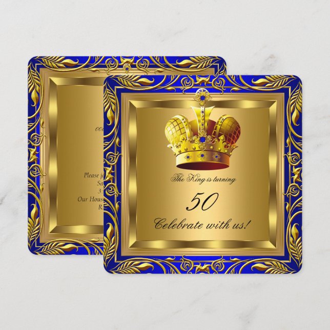 King Queen Royal Blue Gold Elite Birthday Party Invitation (Front/Back)