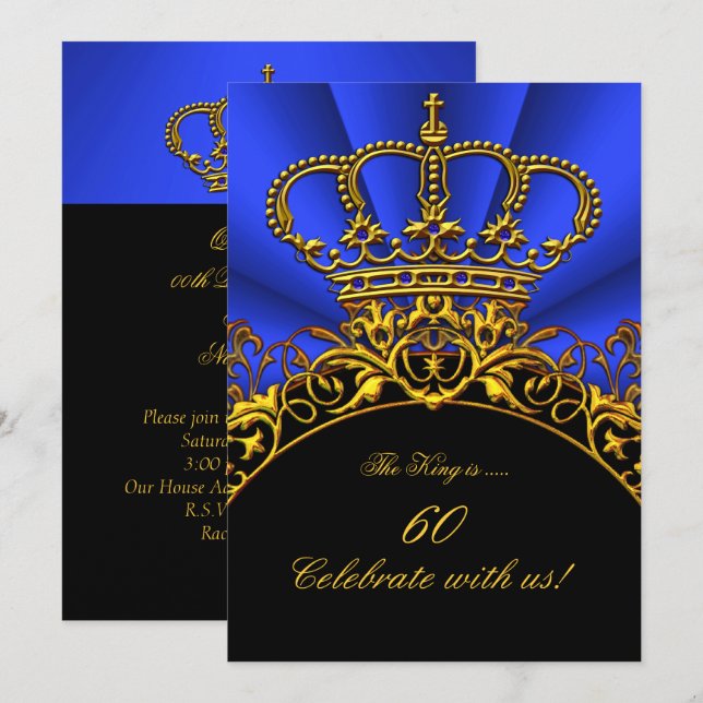 King Regal Queen Gold Royal Blue Birthday Party 2 Invitation (Front/Back)