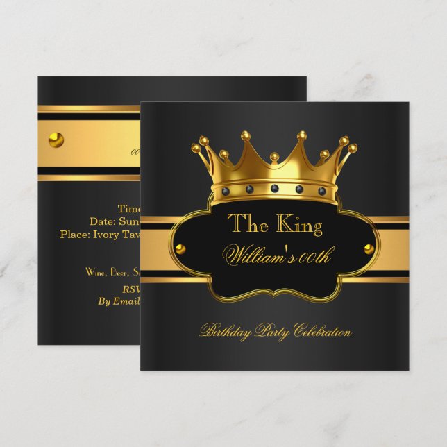 King Royal Black Gold Birthday Party Mens Mans Invitation (Front/Back)