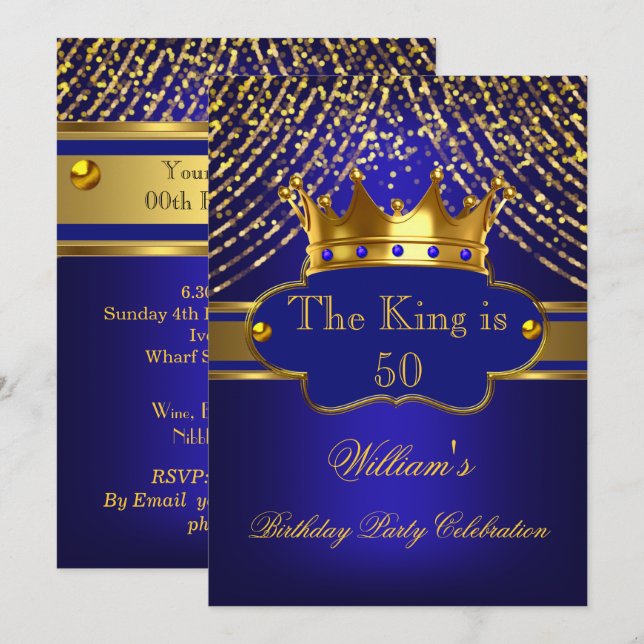 King Royal Blue Gold Crown Birthday Party Mens Invitation (Front/Back)