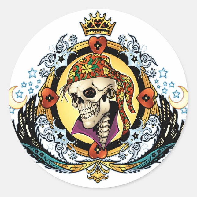 King Skull Pirate with Hearts by Al Rio Classic Round Sticker (Front)