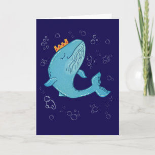 King Whale with Crown   Whimsical Ocean Folk Art Card